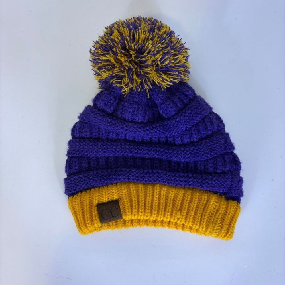 C.C Purple and Yellow Pom Pom Knit Winter Hat‎ One Size